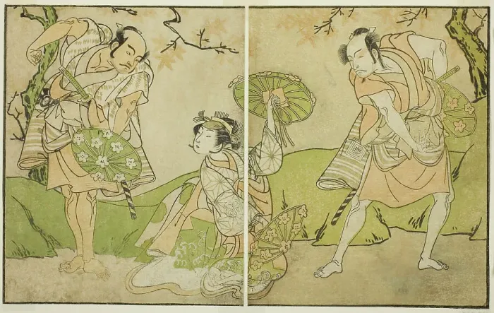 Framed Print : The Actors Ichikawa Somegoro (right), Segawa Kikunojo II (center), and Bando Sampachi... c. 1772. Creator: Shunsho Framed Print : The Actors Ichikawa Somegoro (right), Segawa Kikunojo II (center), and Bando Sampachi... c. 1772. Creator: Shunsho