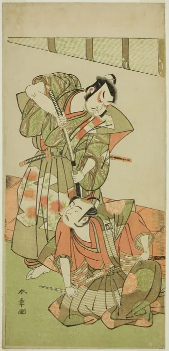 Framed Print : The Actors Ichikawa Yaozo II as Konoshita Hyokichi (?) (right), and Sakata Hangoro II... c. 1775. Creator: Shunsho Framed Print : The Actors Ichikawa Yaozo II as Konoshita Hyokichi (?) (right), and Sakata Hangoro II... c. 1775. Creator: Shunsho
