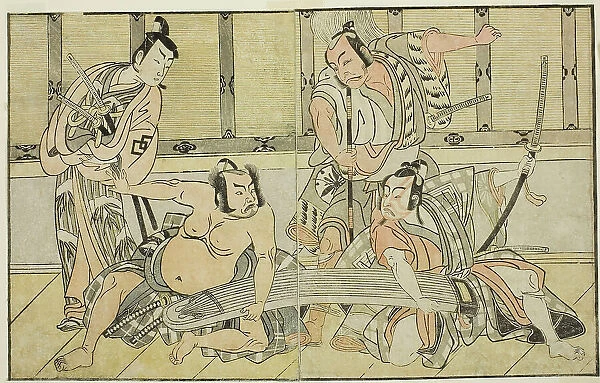 The Actors Ichikawa Yaozo II as Kujaku no Saburo, Matsumoto Koshiro II as Hata no Daize... c. 1772. Creator: Shunsho