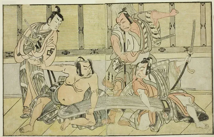 Framed Print : The Actors Ichikawa Yaozo II as Kujaku no Saburo, Matsumoto Koshiro II as Hata no Daize... c. 1772. Creator: Shunsho Framed Print : The Actors Ichikawa Yaozo II as Kujaku no Saburo, Matsumoto Koshiro II as Hata no Daize... c. 1772. Creator: Shunsho