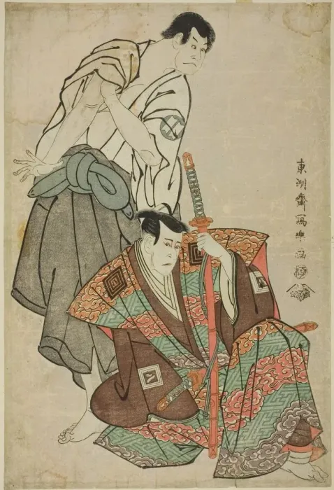 Framed Print : The actors Ichikawa Yaozo III (R) as Fuwa Banzaemon and Sakata Hangoro III (L) as Kosodate... 1794. Creator: Toshusai Sharaku Framed Print : The actors Ichikawa Yaozo III (R) as Fuwa Banzaemon and Sakata Hangoro III (L) as Kosodate... 1794. Creator: Toshusai Sharaku