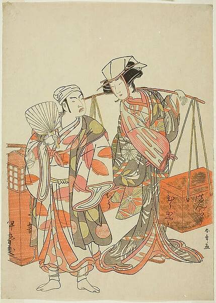 The Actors Ichimura Uzaemon IX as a Male Fox Disguised as the Sake Seller Iseya (left)... c. 1777. Creator: Shunsho