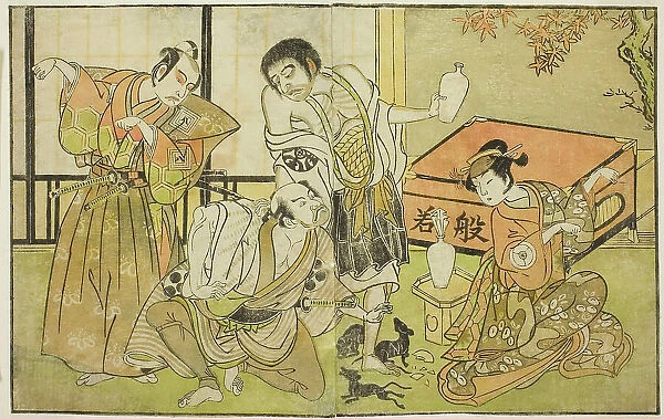 The Actors Iwai Hanshiro IV as Otatsu-gitsune, Nakamura Nakazo I as Raigo Ajari, Sakata... c. 1772. Creator: Shunsho