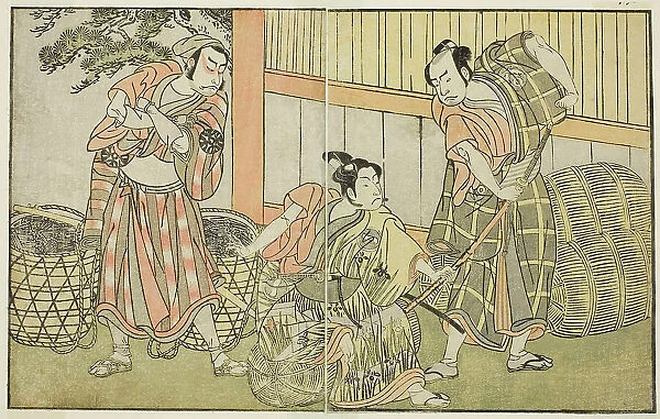 The Actors Kasaya Matakuro II as Hagun Taro (right), Ichikawa Monnosuke II as Izutsu no... c. 1772. Creator: Shunsho