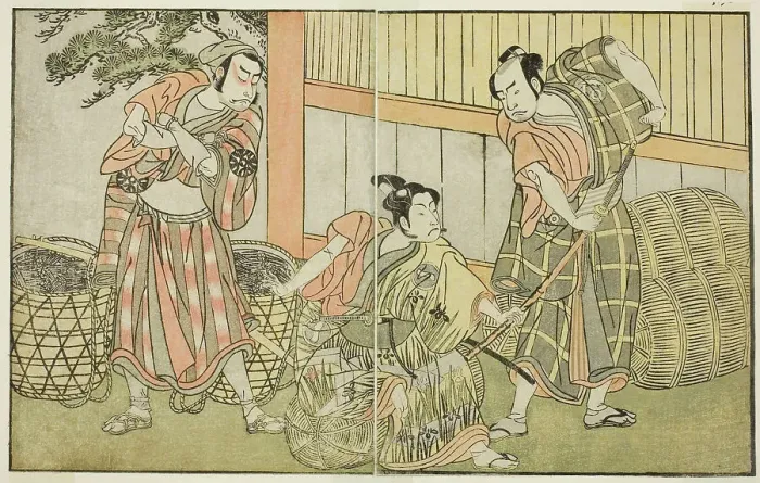 Framed Print : The Actors Kasaya Matakuro II as Hagun Taro (right), Ichikawa Monnosuke II as Izutsu no... c. 1772. Creator: Shunsho Framed Print : The Actors Kasaya Matakuro II as Hagun Taro (right), Ichikawa Monnosuke II as Izutsu no... c. 1772. Creator: Shunsho