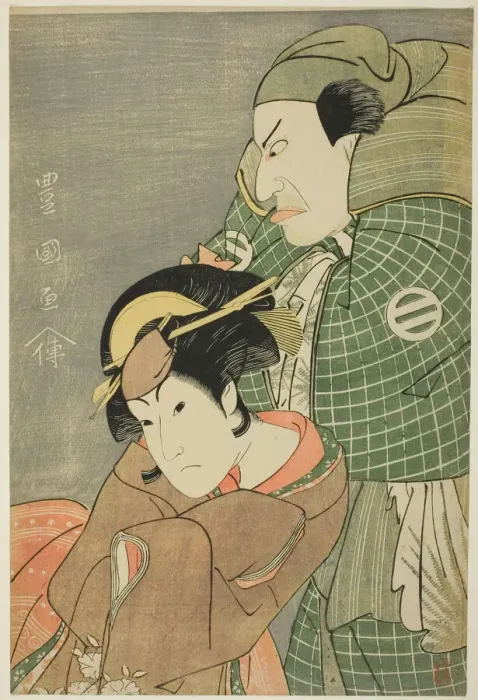 Framed Print : The actors Kataoka Nizaemon VII as Iyo no Taro and Iwai Hanshiro IV as Kojoro-gitsune of O... 1796. Creator: Utagawa Toyokuni I Framed Print : The actors Kataoka Nizaemon VII as Iyo no Taro and Iwai Hanshiro IV as Kojoro-gitsune of O... 1796. Creator: Utagawa Toyokuni I