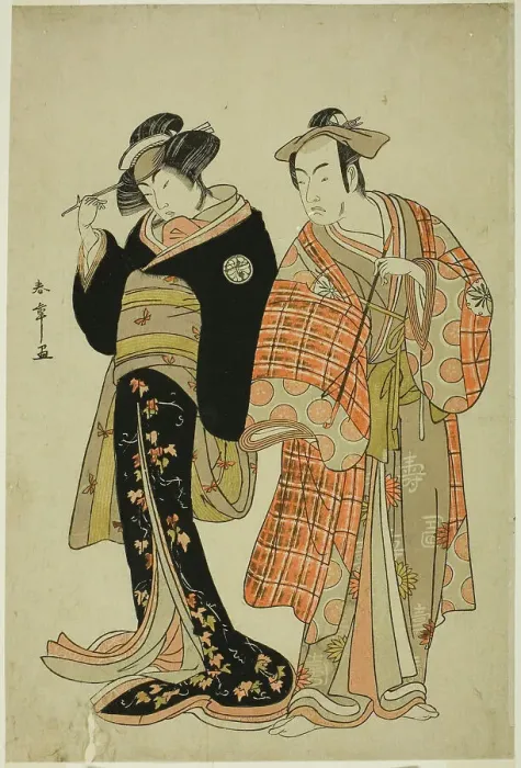 Framed Print : The Actors Matsumoto Koshiro IV and Segawa Kikunojo III as the Lovers Choemon (right)... c. 1781. Creator: Shunsho Framed Print : The Actors Matsumoto Koshiro IV and Segawa Kikunojo III as the Lovers Choemon (right)... c. 1781. Creator: Shunsho