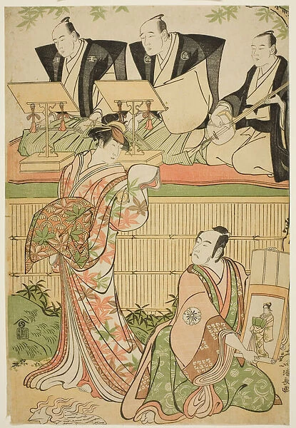 The Actors Matsumoto Koshiro IV as Ukita Sakingo and Sawamura Sojuro III as the ghost of t... 1788. Creator: Torii Kiyonaga