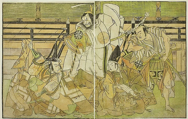 The Actors Nakamura Denkuro II as Seno-o Taro, Ichikawa Komazo II as Yorimasa, Nakamura... c. 1772. Creator: Shunsho