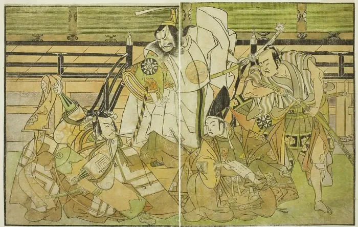 Framed Print : The Actors Nakamura Denkuro II as Seno-o Taro, Ichikawa Komazo II as Yorimasa, Nakamura... c. 1772. Creator: Shunsho Framed Print : The Actors Nakamura Denkuro II as Seno-o Taro, Ichikawa Komazo II as Yorimasa, Nakamura... c. 1772. Creator: Shunsho