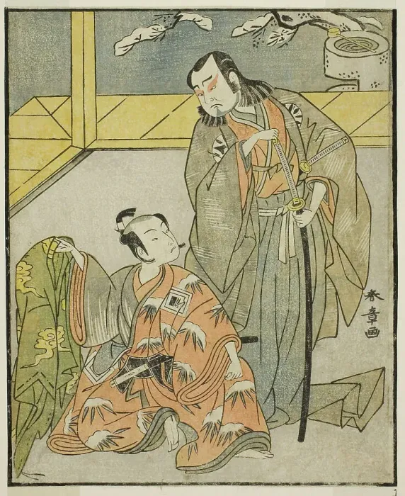 Framed Print : The Actors Nakamura Denkuro II as Suma no Dairyo (right), and Ichikawa Komazo II as... c. 1772. Creator: Shunsho Framed Print : The Actors Nakamura Denkuro II as Suma no Dairyo (right), and Ichikawa Komazo II as... c. 1772. Creator: Shunsho
