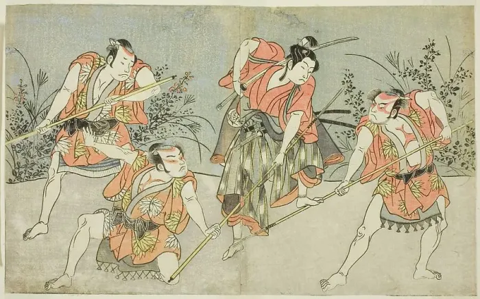 Framed Print : The Actors Nakamura Kashiwagi as a Wakashu (second from right), and Three... Japan, c. 1772. Creator: Shunsho Framed Print : The Actors Nakamura Kashiwagi as a Wakashu (second from right), and Three... Japan, c. 1772. Creator: Shunsho