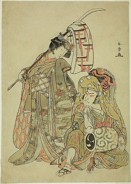 The Actors Nakamura Nakazo I as Onmaya Kisanda Dressed as Kakubei the Lion Dancer (Kaku... c. 1777. Creator: Shunsho)