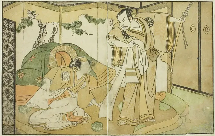 Framed Print : The Actors Nakamura Nakazo I as Taira no Kiyomori (right), and Yamashita Kinsaku II as... c. 1772. Creator: Shunsho Framed Print : The Actors Nakamura Nakazo I as Taira no Kiyomori (right), and Yamashita Kinsaku II as... c. 1772. Creator: Shunsho