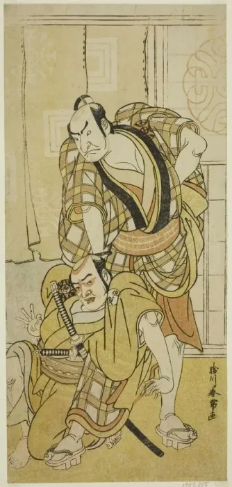 Framed Print : The Actors Nakamura Nakazo I as Tenjiku Tokubei (?) (right) and Bando Kumajuro as... c Framed Print : The Actors Nakamura Nakazo I as Tenjiku Tokubei (?) (right) and Bando Kumajuro as... c