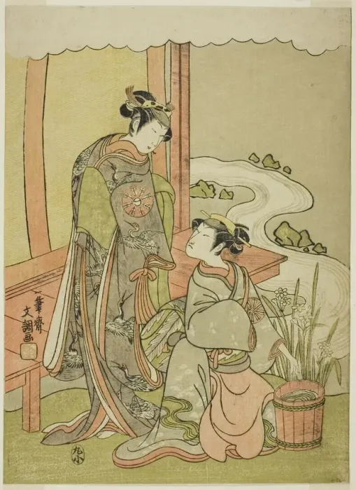 Framed Print : The Actors Nakamura Tomijuro I as Enju Disguised as the Shirbyoshi Gio (right), and... c Framed Print : The Actors Nakamura Tomijuro I as Enju Disguised as the Shirbyoshi Gio (right), and... c