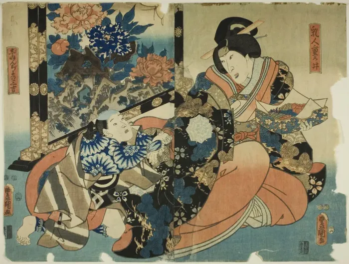 Framed Print : The actors Nakamura Tomijuro II as the wet nurse Shigenoi and Ichimura Uzaemon XIII as Jin... 1854. Creator: Utagawa Kunisada Framed Print : The actors Nakamura Tomijuro II as the wet nurse Shigenoi and Ichimura Uzaemon XIII as Jin... 1854. Creator: Utagawa Kunisada