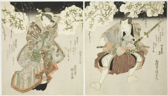 Framed Print : The actors Onoe Kikugoro III (R) as Nagoya Sanza and Iwai Kumesaburo II (L) as the courtes... 1827. Creator: Utagawa Kunisada Framed Print : The actors Onoe Kikugoro III (R) as Nagoya Sanza and Iwai Kumesaburo II (L) as the courtes... 1827. Creator: Utagawa Kunisada