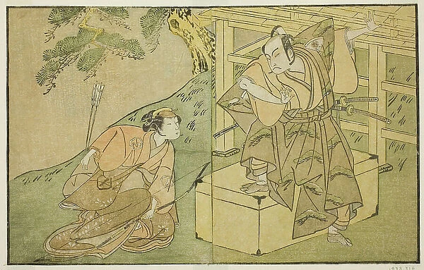 The Actors Onoe Matsusuke I as Akaboshi Taro (right), and Azuma Tozo II as Shirotae... c. 1772. Creator: Shunsho