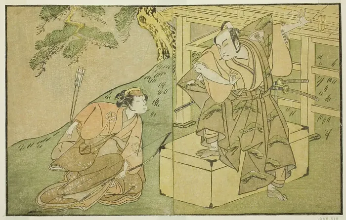 Framed Print : The Actors Onoe Matsusuke I as Akaboshi Taro (right), and Azuma Tozo II as Shirotae... c. 1772. Creator: Shunsho Framed Print : The Actors Onoe Matsusuke I as Akaboshi Taro (right), and Azuma Tozo II as Shirotae... c. 1772. Creator: Shunsho