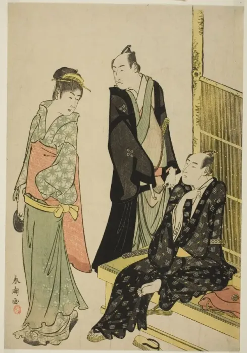 Framed Print : The Actors Onoe Matsusuke I and Ichikawa Omezo I at a Teahouse, c. 1780 / 1801. Creator: Katsukawa Shuncho Framed Print : The Actors Onoe Matsusuke I and Ichikawa Omezo I at a Teahouse, c. 1780 / 1801. Creator: Katsukawa Shuncho