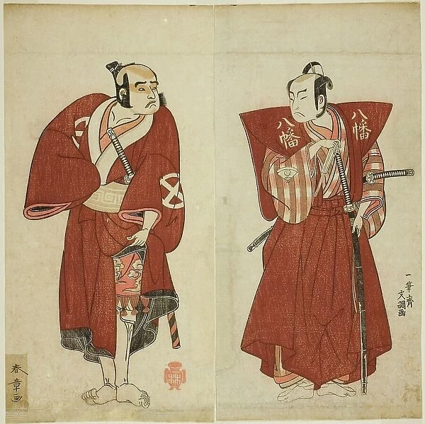 The Actors Onoe Matsusuke I as Yawata no Saburo (right), and Otani Tomoemon I as the... c. 1772. Creator: Shunsho