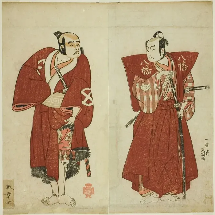Framed Print : The Actors Onoe Matsusuke I as Yawata no Saburo (right), and Otani Tomoemon I as the... c. 1772. Creator: Shunsho Framed Print : The Actors Onoe Matsusuke I as Yawata no Saburo (right), and Otani Tomoemon I as the... c. 1772. Creator: Shunsho