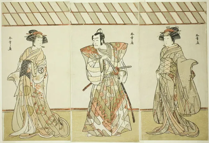 Framed Print : The Actors Onoe Tamizo I as Nishikigi (?) or Otae (?) (right), Ichikawa Danjuro V as... c. 1778. Creator: Shunsho Framed Print : The Actors Onoe Tamizo I as Nishikigi (?) or Otae (?) (right), Ichikawa Danjuro V as... c. 1778. Creator: Shunsho