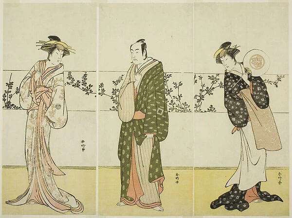 The Actors Osagawa Tsuneyo II (right), Ichikawa Monnosuke II (center), and Segawa... c. 1785. Creator: Katsukawa Shunko