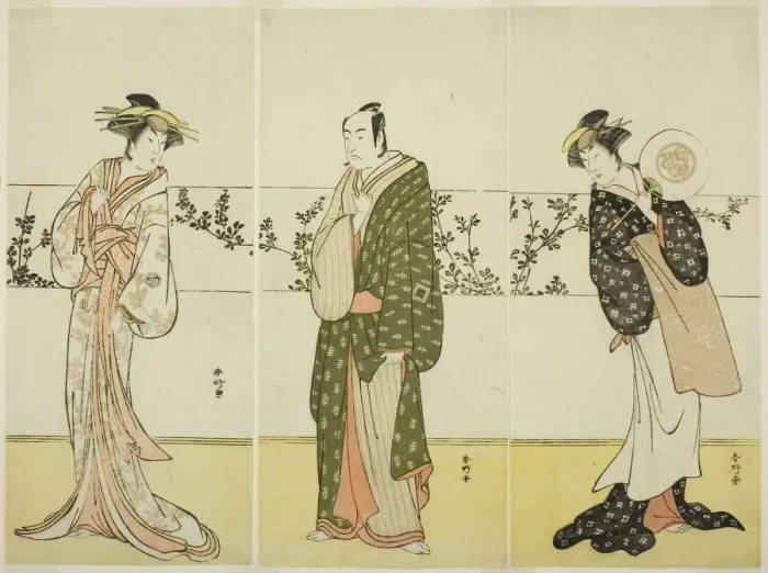 Framed Print : The Actors Osagawa Tsuneyo II (right), Ichikawa Monnosuke II (center), and Segawa... c. 1785. Creator: Katsukawa Shunko Framed Print : The Actors Osagawa Tsuneyo II (right), Ichikawa Monnosuke II (center), and Segawa... c. 1785. Creator: Katsukawa Shunko