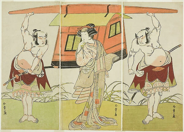 The Actors Otani Hiroji III as Yokambei (right), Nakamura Tomijuro I as Kuzunoha (ce, ... c. 1776. Creator: Shunsho)
