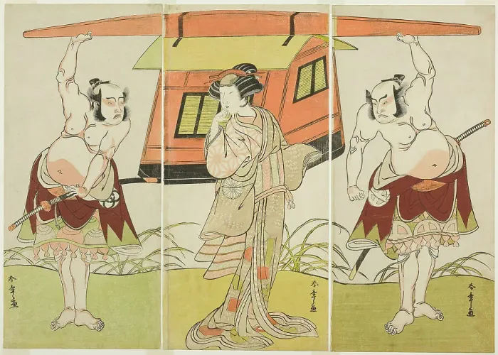 Framed Print : The Actors Otani Hiroji III as Yokambei (right), Nakamura Tomijuro I as Kuzunoha (ce... c. 1776. Creator: Shunsho) Framed Print : The Actors Otani Hiroji III as Yokambei (right), Nakamura Tomijuro I as Kuzunoha (ce... c. 1776. Creator: Shunsho)