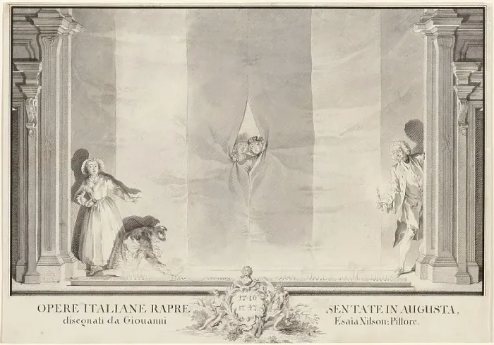 Framed Print : Two Actors Peeking through a Theater Curtain while Others Prepare the Footlights. Creator: Johann Esaias Nilson Framed Print : Two Actors Peeking through a Theater Curtain while Others Prepare the Footlights. Creator: Johann Esaias Nilson