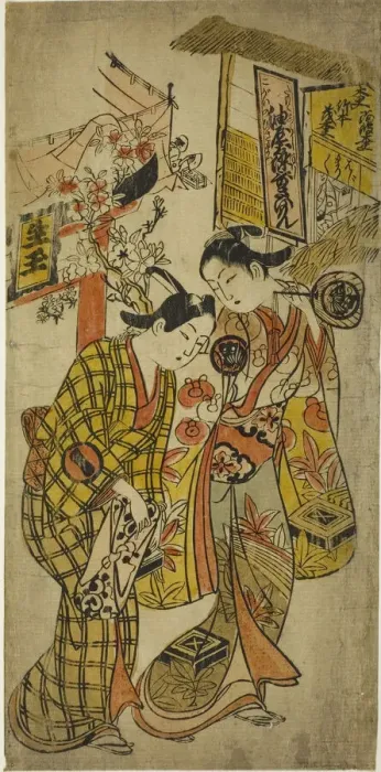 Framed Print : The Actors Sanjo Kantaro II as Osome and Ichikawa Monnosuke as Hisamatsu in the play... c. 1720. Creator: Okumura Masanobu Framed Print : The Actors Sanjo Kantaro II as Osome and Ichikawa Monnosuke as Hisamatsu in the play... c. 1720. Creator: Okumura Masanobu