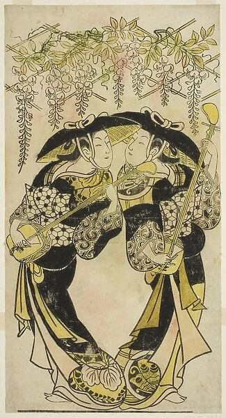 The Actors Sanjo Kantaro (right) and Fujimura Handayu (left) as musicians playing under... c1717 / 18 Creator: Unknown