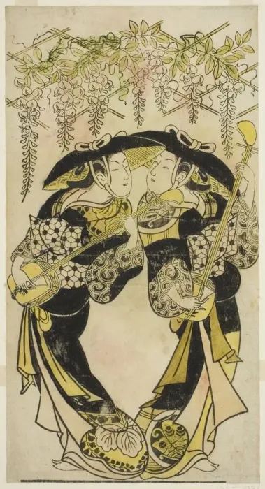 Framed Print : The Actors Sanjo Kantaro (right) and Fujimura Handayu (left) as musicians playing under... c1717 / 18 Creator: Unknown Framed Print : The Actors Sanjo Kantaro (right) and Fujimura Handayu (left) as musicians playing under... c1717 / 18 Creator: Unknown