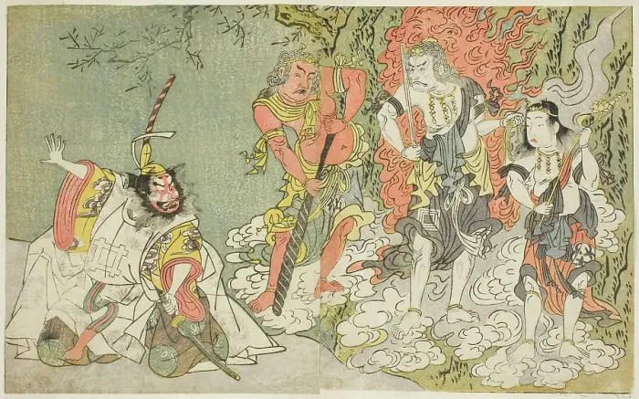 Framed Print : The Actors Sawamura Kijuro I as Ikazuchi Shinno, Prince of Thunder (far left), Ichik... c. 1771 / 72. Creator: Shunsho Framed Print : The Actors Sawamura Kijuro I as Ikazuchi Shinno, Prince of Thunder (far left), Ichik... c. 1771 / 72. Creator: Shunsho