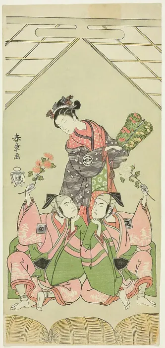 Framed Print : The Actors Segawa Kikunojo II as the Wet Nurse Reizei, Ichikawa Komazo I as Suruga no... c. 1768. Creator: Shunsho Framed Print : The Actors Segawa Kikunojo II as the Wet Nurse Reizei, Ichikawa Komazo I as Suruga no... c. 1768. Creator: Shunsho
