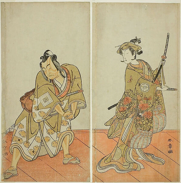 The Actors Segawa Kikunojo III as Aigo no Waka (right), and Ichikawa Yaozo II as Hachio... c. 1774. Creator: Shunsho