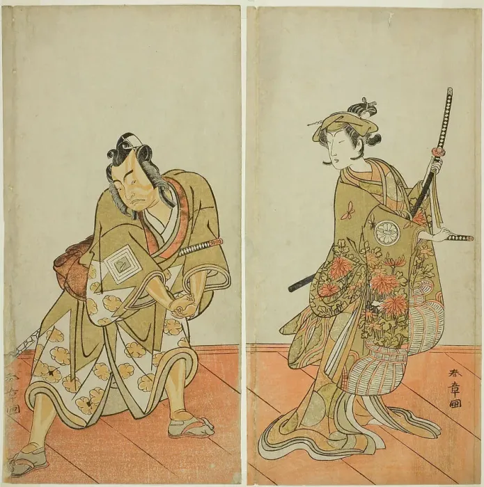 Framed Print : The Actors Segawa Kikunojo III as Aigo no Waka (right), and Ichikawa Yaozo II as Hachio... c. 1774. Creator: Shunsho Framed Print : The Actors Segawa Kikunojo III as Aigo no Waka (right), and Ichikawa Yaozo II as Hachio... c. 1774. Creator: Shunsho