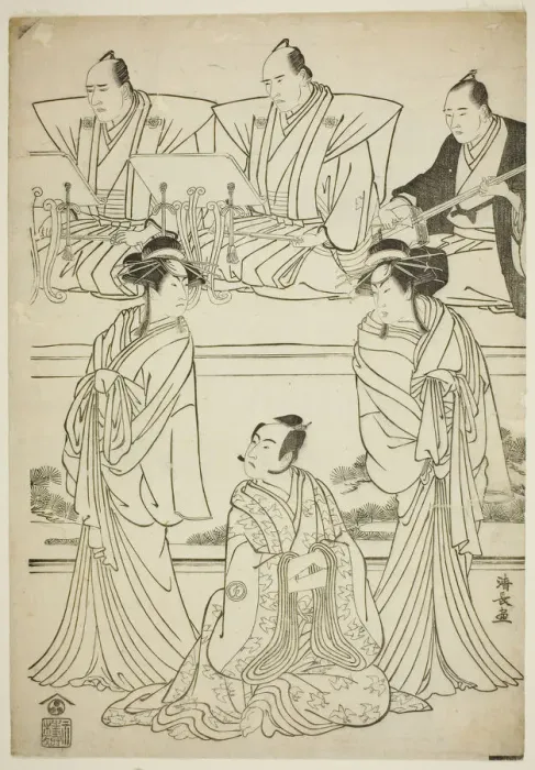 Framed Print : The Actors Segawa Kikunojo III as the ghost of Yatsuhashi, Sawamura Sojuro III as Soga no... 1783. Creator: Torii Kiyonaga Framed Print : The Actors Segawa Kikunojo III as the ghost of Yatsuhashi, Sawamura Sojuro III as Soga no... 1783. Creator: Torii Kiyonaga