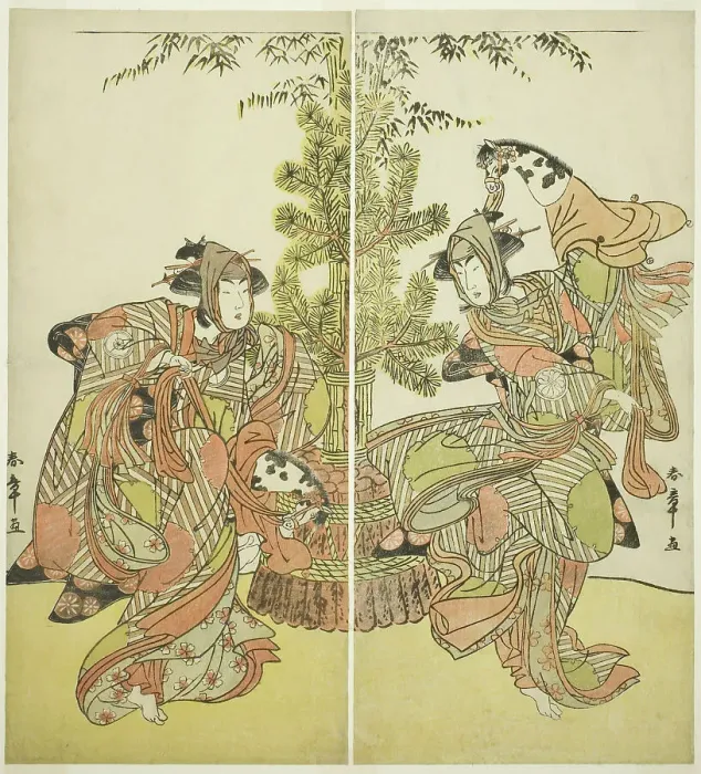 Framed Print : The Actors Segawa Kikunojo III as Yasukata (right), and Iwai Hanshiro IV as Utou (left)... c. 1782. Creator: Shunsho Framed Print : The Actors Segawa Kikunojo III as Yasukata (right), and Iwai Hanshiro IV as Utou (left)... c. 1782. Creator: Shunsho