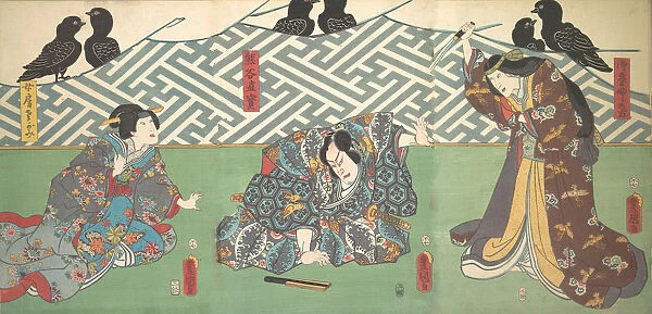 Three Actors on Stage: Kumagai Naozane, 1858. 1858. Creator: Utagawa Kunisada