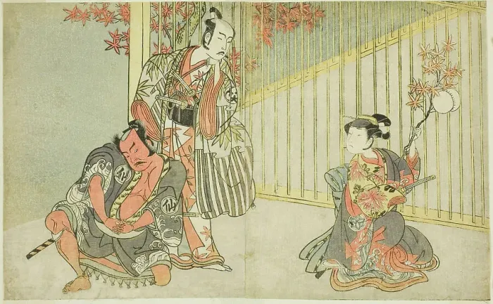 Framed Print : The Actors Yamashita Kinsaku II as Mutsuhana (right), Bando Mitsugoro I as Kashiwagi n... c. 1771 / 7 Creator: Shunsho Framed Print : The Actors Yamashita Kinsaku II as Mutsuhana (right), Bando Mitsugoro I as Kashiwagi n... c. 1771 / 7 Creator: Shunsho