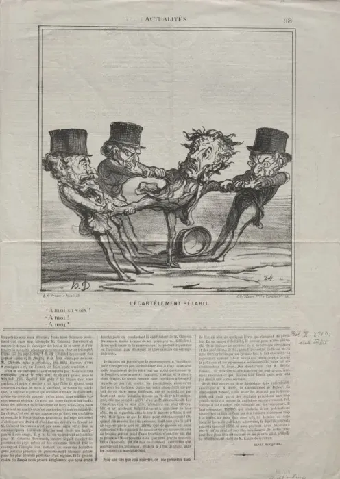 Framed Print : Actualities (No. 98): The quartering reinstated, 1869. Creator: Honore Daumier (French