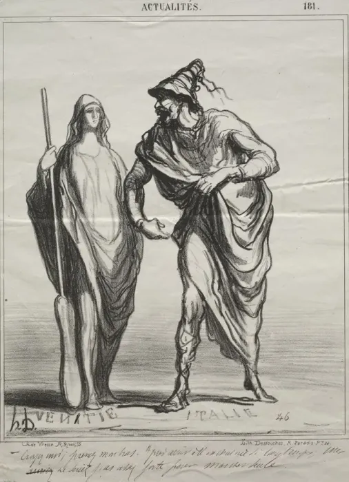 Framed Print : Actualities, plate 181: What do you take me for! Take my arm, 1866. Creator: Honore Daumier Framed Print : Actualities, plate 181: What do you take me for! Take my arm, 1866. Creator: Honore Daumier