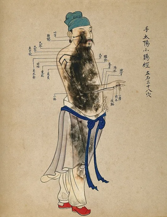 Framed Print : Acupuncture chart with a series of points indicated on the figure of a standing Chinese man. Creator: Unknown Framed Print : Acupuncture chart with a series of points indicated on the figure of a standing Chinese man. Creator: Unknown