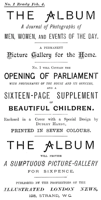 Framed Print : Advertisement for The Album - A Journal of Photographs of Men, Women, and Events of the Day, 1895. Creator: Unknown Framed Print : Advertisement for The Album - A Journal of Photographs of Men, Women, and Events of the Day, 1895. Creator: Unknown