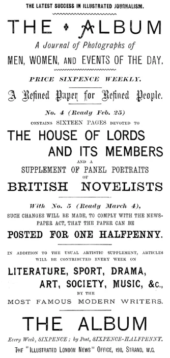 Framed Print : Advertisement for The Album - A Journal of Photographs of Men, Women, and Events of the Day, 1895. Creator: Unknown Framed Print : Advertisement for The Album - A Journal of Photographs of Men, Women, and Events of the Day, 1895. Creator: Unknown