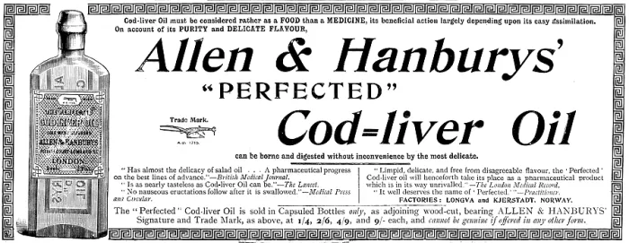 Framed Print : Advertisement for Allen & Hanbury's 'Perfected' Cod=liver Oil, 1895 Framed Print : Advertisement for Allen & Hanbury's 'Perfected' Cod=liver Oil, 1895